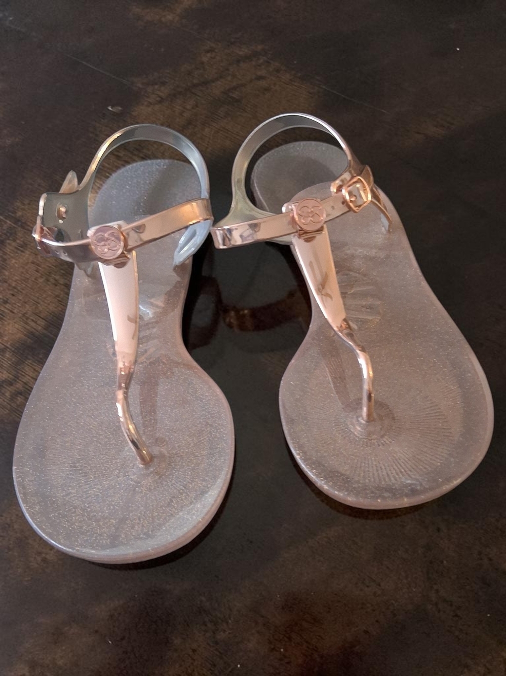 Jessica Simpson Clear Jelly T-Strap Sandals with Rose Gold Accents